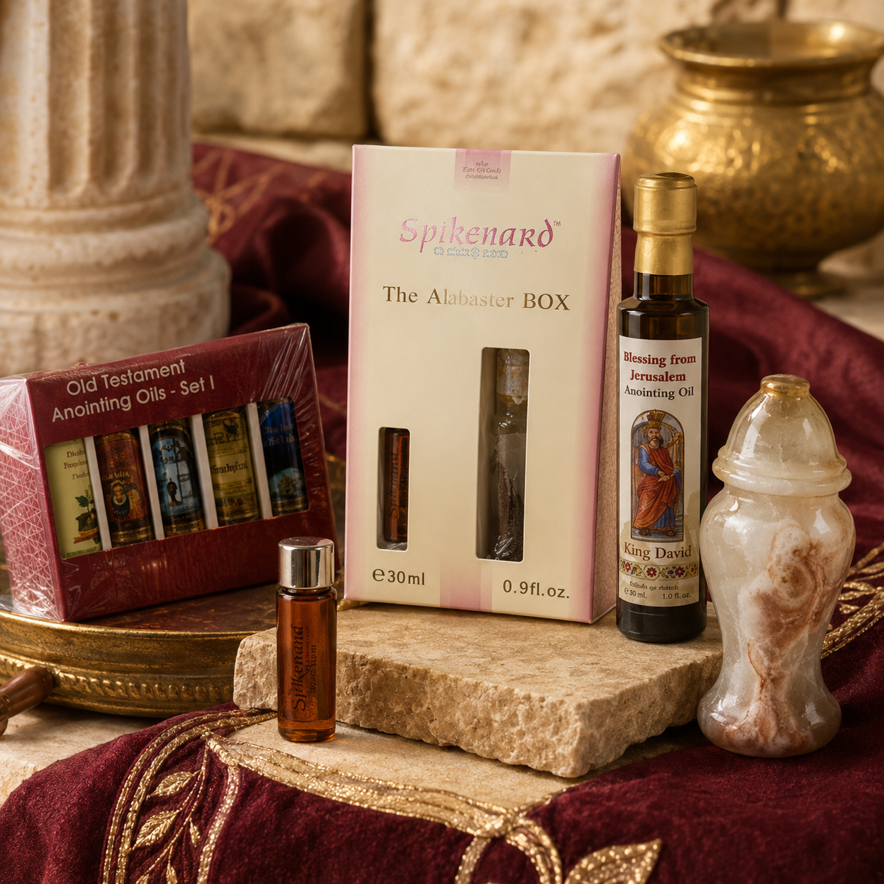 Old Testament Anointing Oils set, Spikenard Alabaster Box, and Blessing from Jerusalem oil
