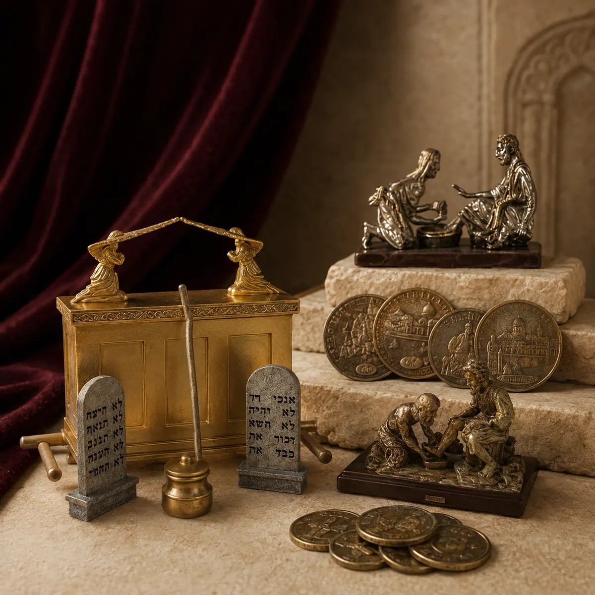 Bronze biblical figurines, coins, and an Ark of the Covenant replica