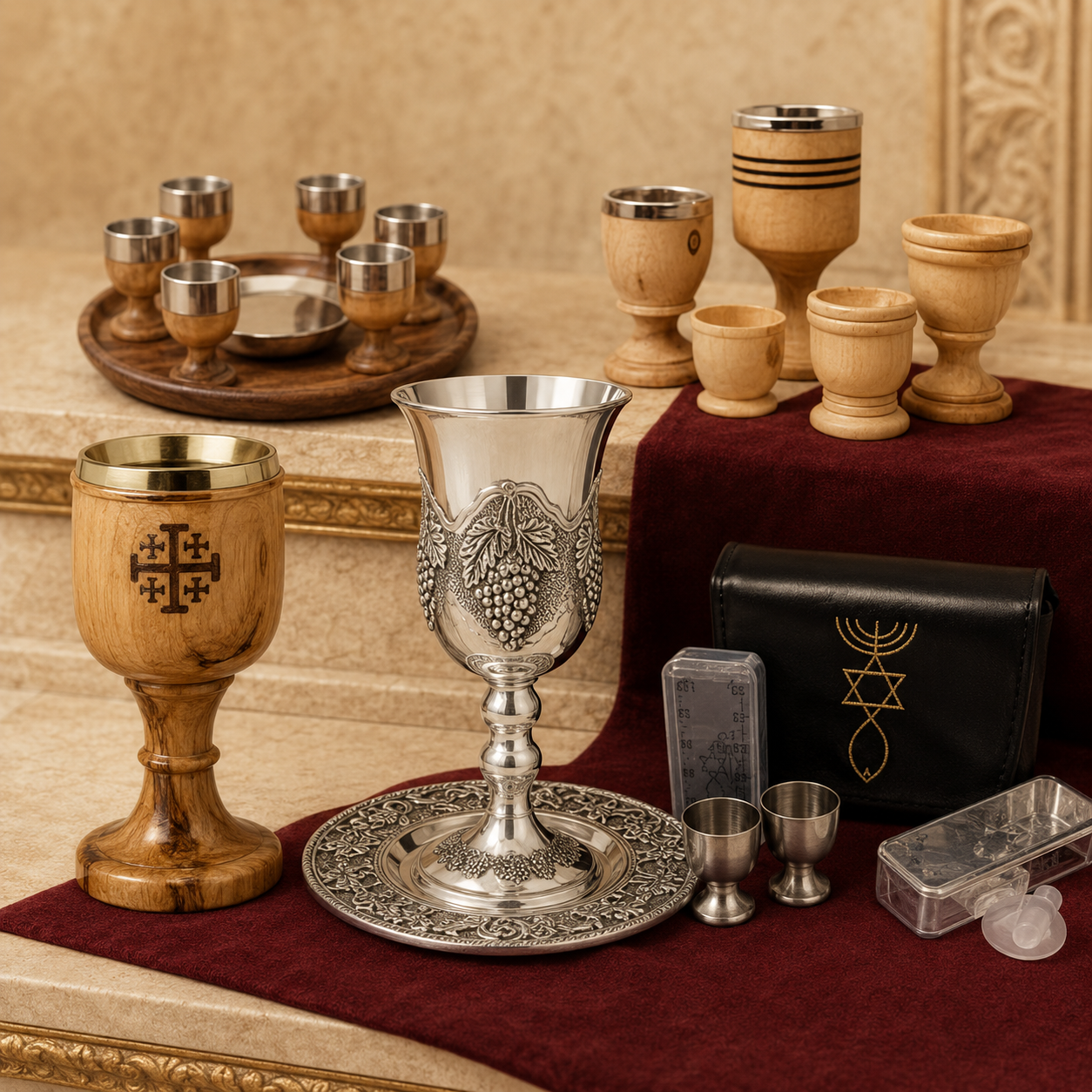Olive wood and silver communion cup sets