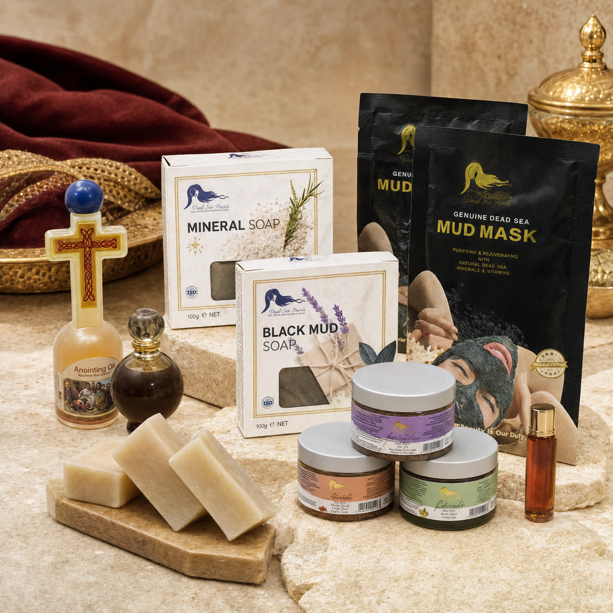 Dead Sea mineral soaps, mud masks, anointing oil, and body cream