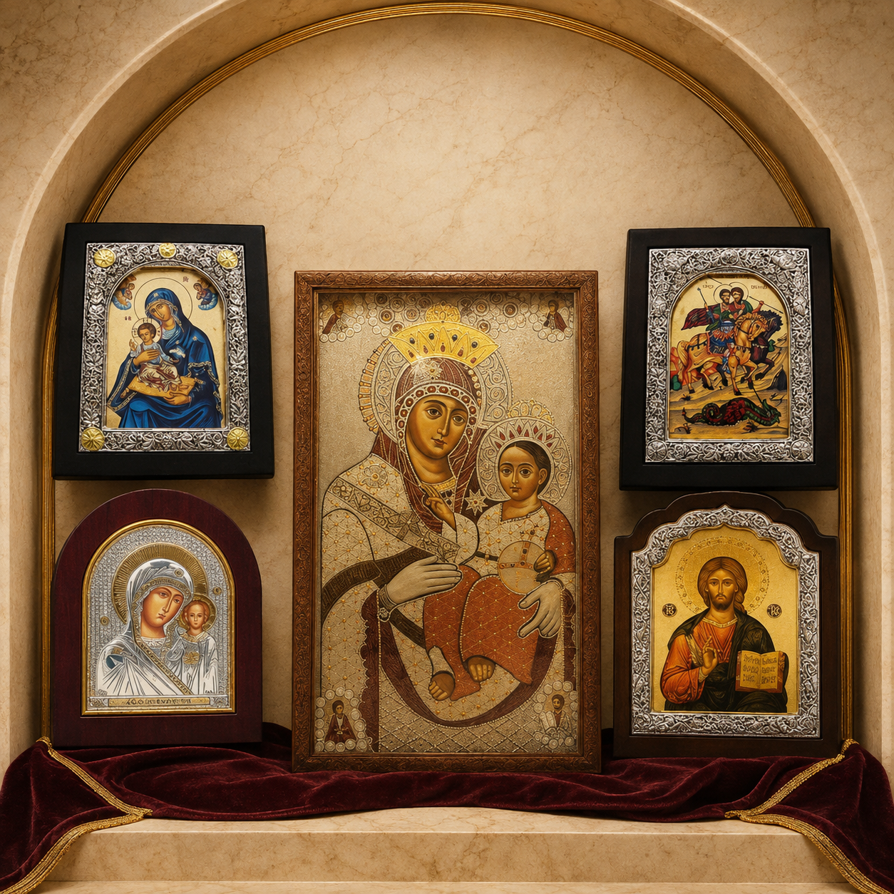 Framed and silver icons including the Holy Family, Christ Pantocrator, and Saint George