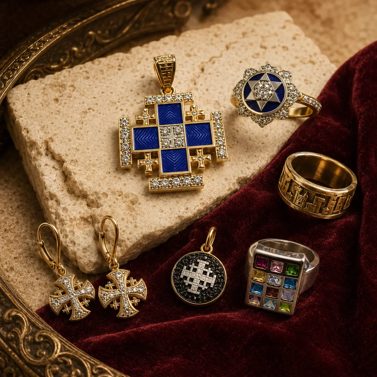 Jerusalem cross jewelry including a pendant, ring, and earrings