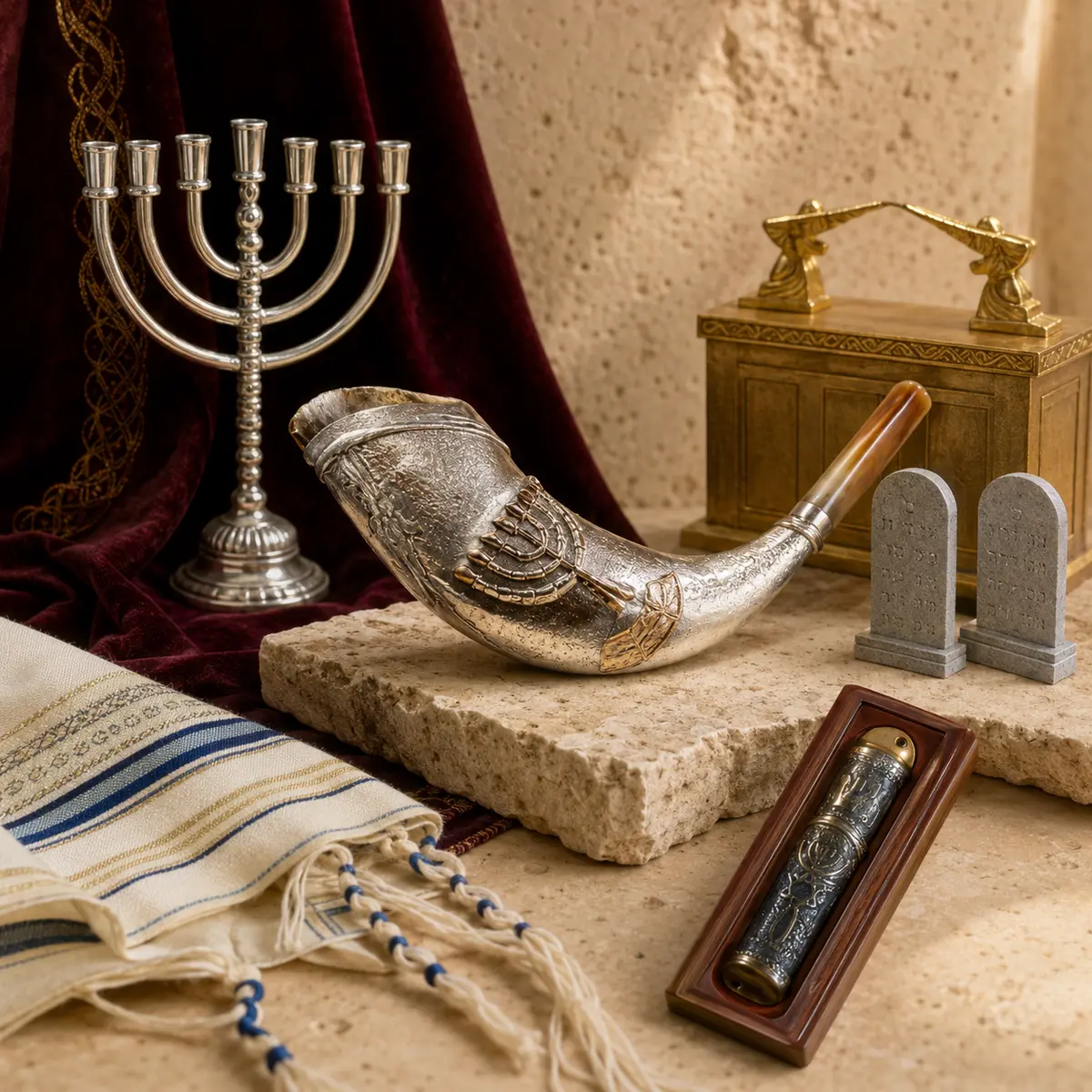 Judaica including a menorah, shofar, and tallit