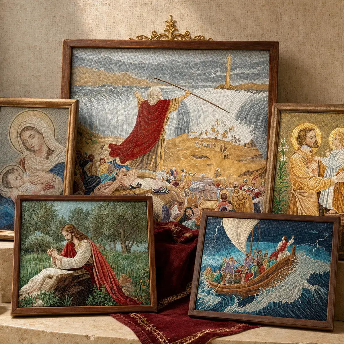Framed mosaic art depicting Moses parting the Red Sea, Christ calming the storm, the Madonna and child, and Christ in Gethsemane