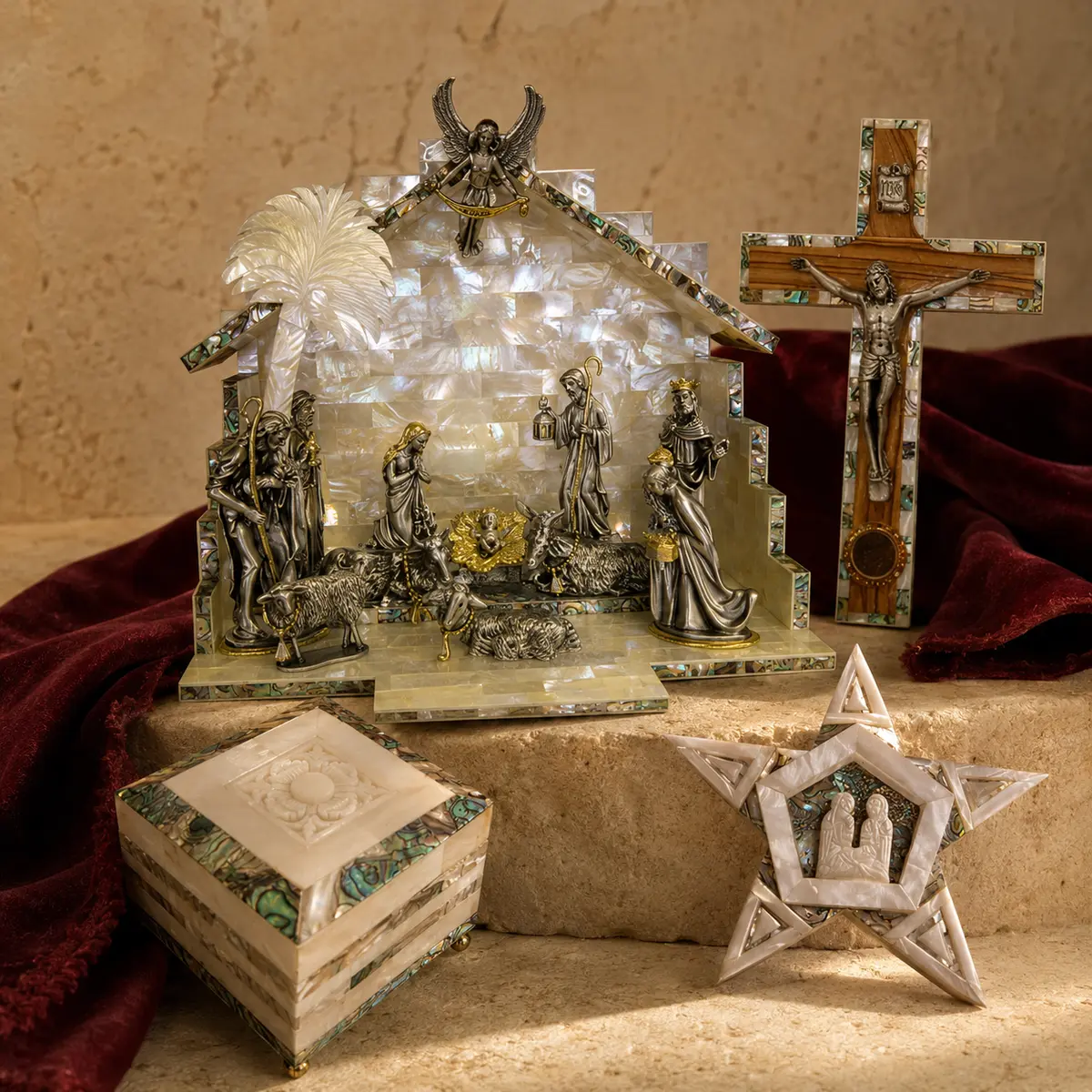 Mother-of-pearl nativity scene, crucifix, and jewelry box