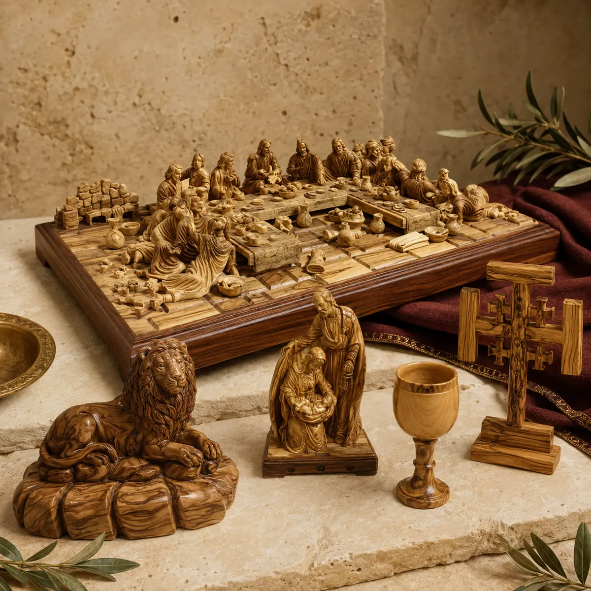 Olive wood carvings including a nativity scene, crown of thorns cross, and communion goblet