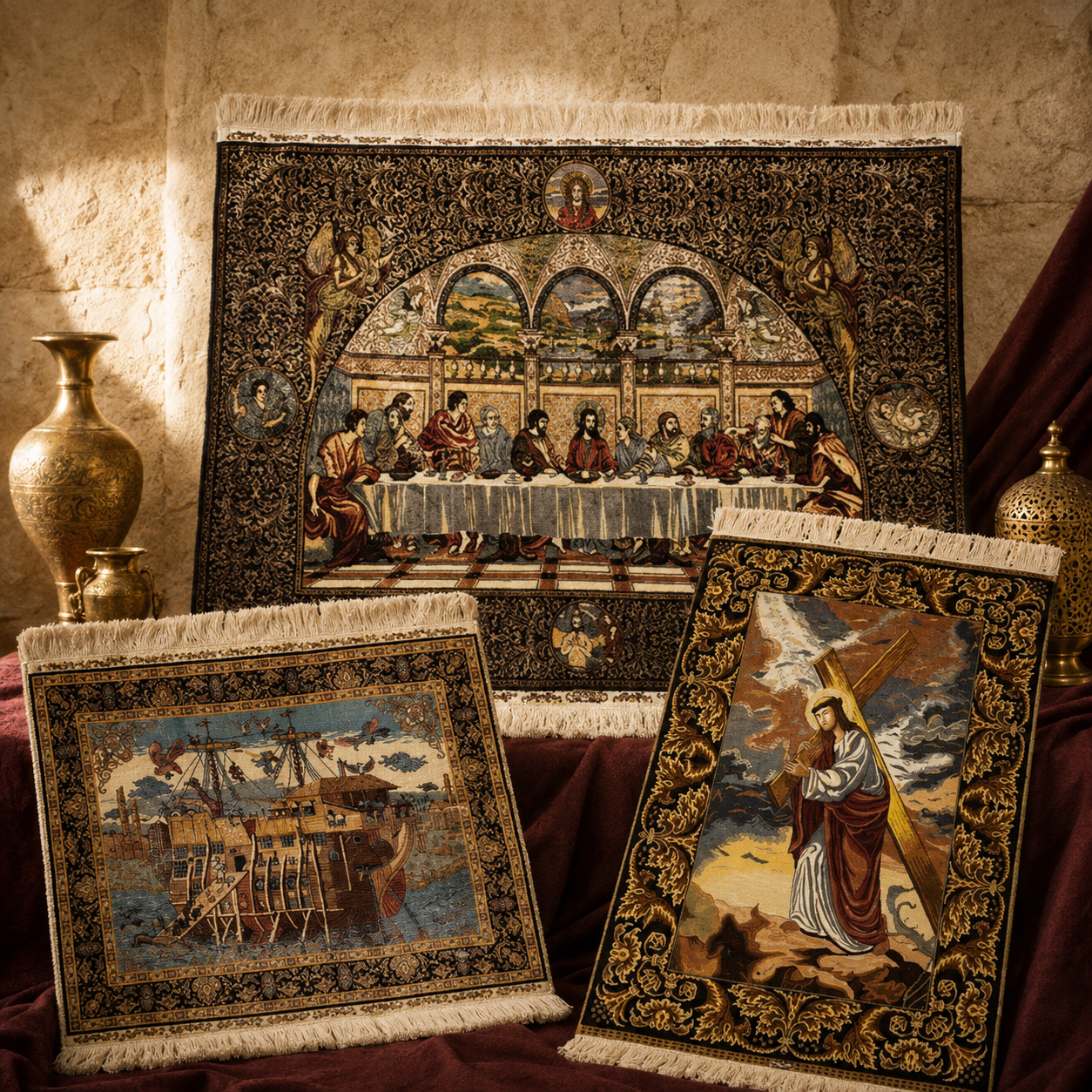Woven tapestries depicting the Last Supper, Noah's Ark, and Christ carrying the cross