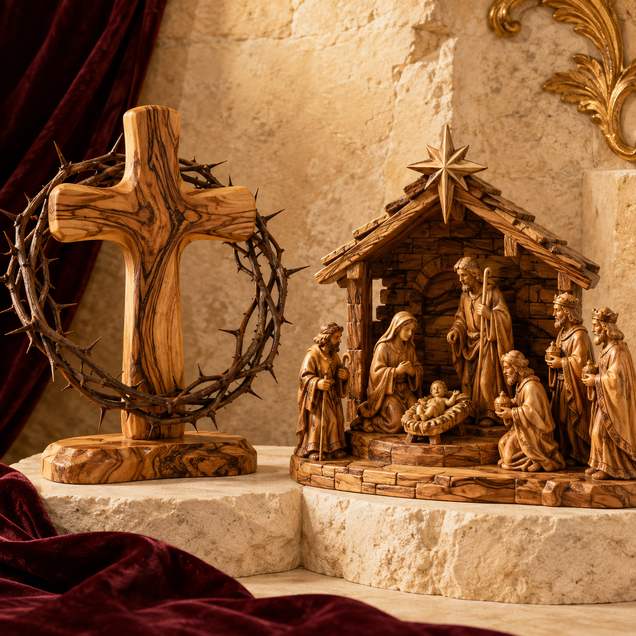 An olive wood nativity scene and a crown of thorns cross