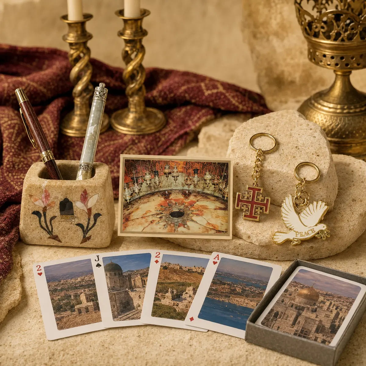 Bethlehem souvenirs including candlesticks, keyrings, and postcards