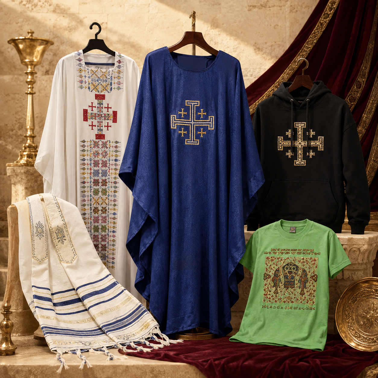 Embroidered vestments, a prayer shawl, and Jerusalem-cross apparel